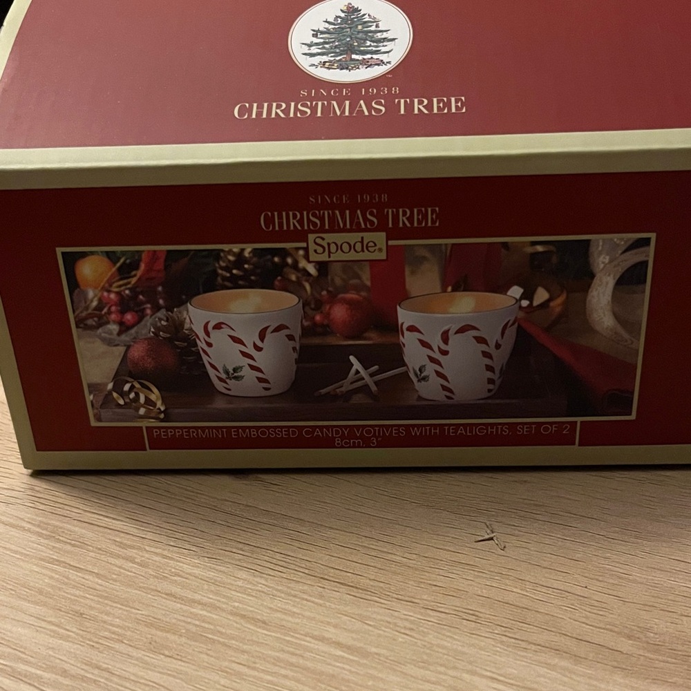 Spode Peppermint Embossed Candy Votives w/ Tealights, Set of 2 - Xmas Tree NWT